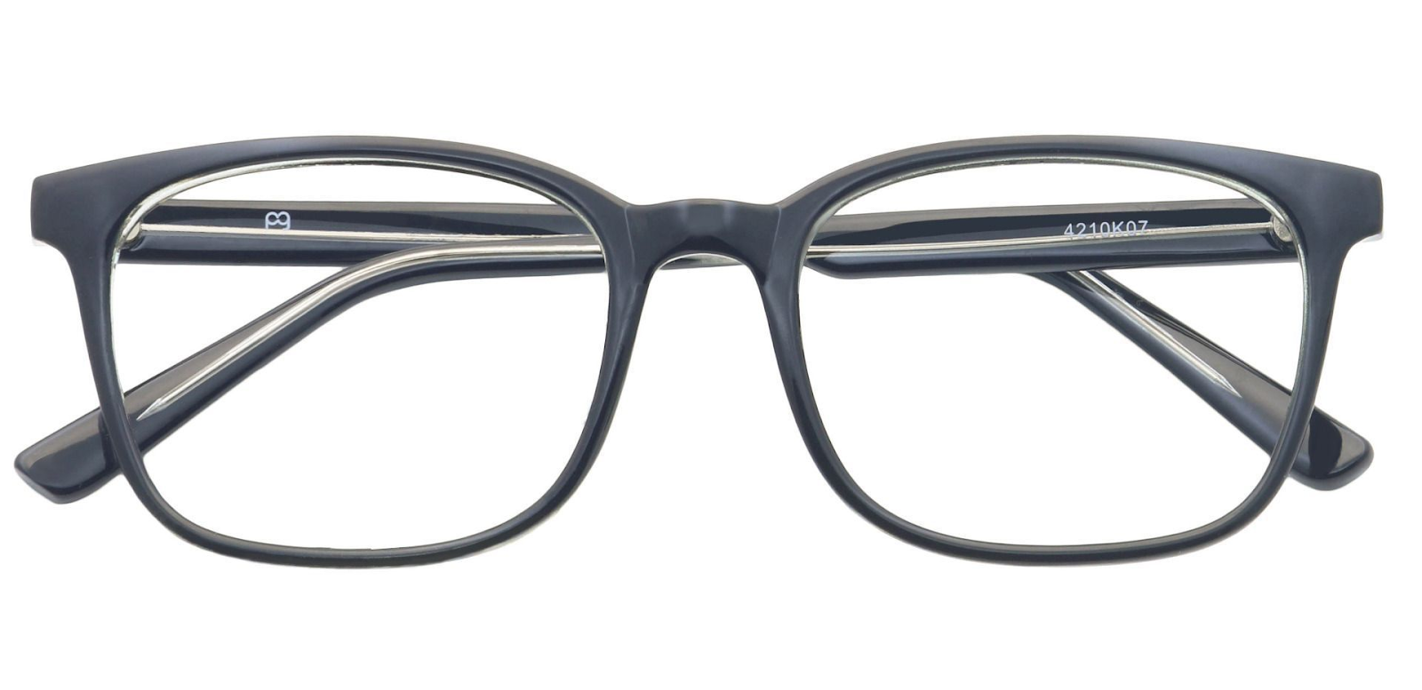 A pair of black glasses with oval-shaped frames.